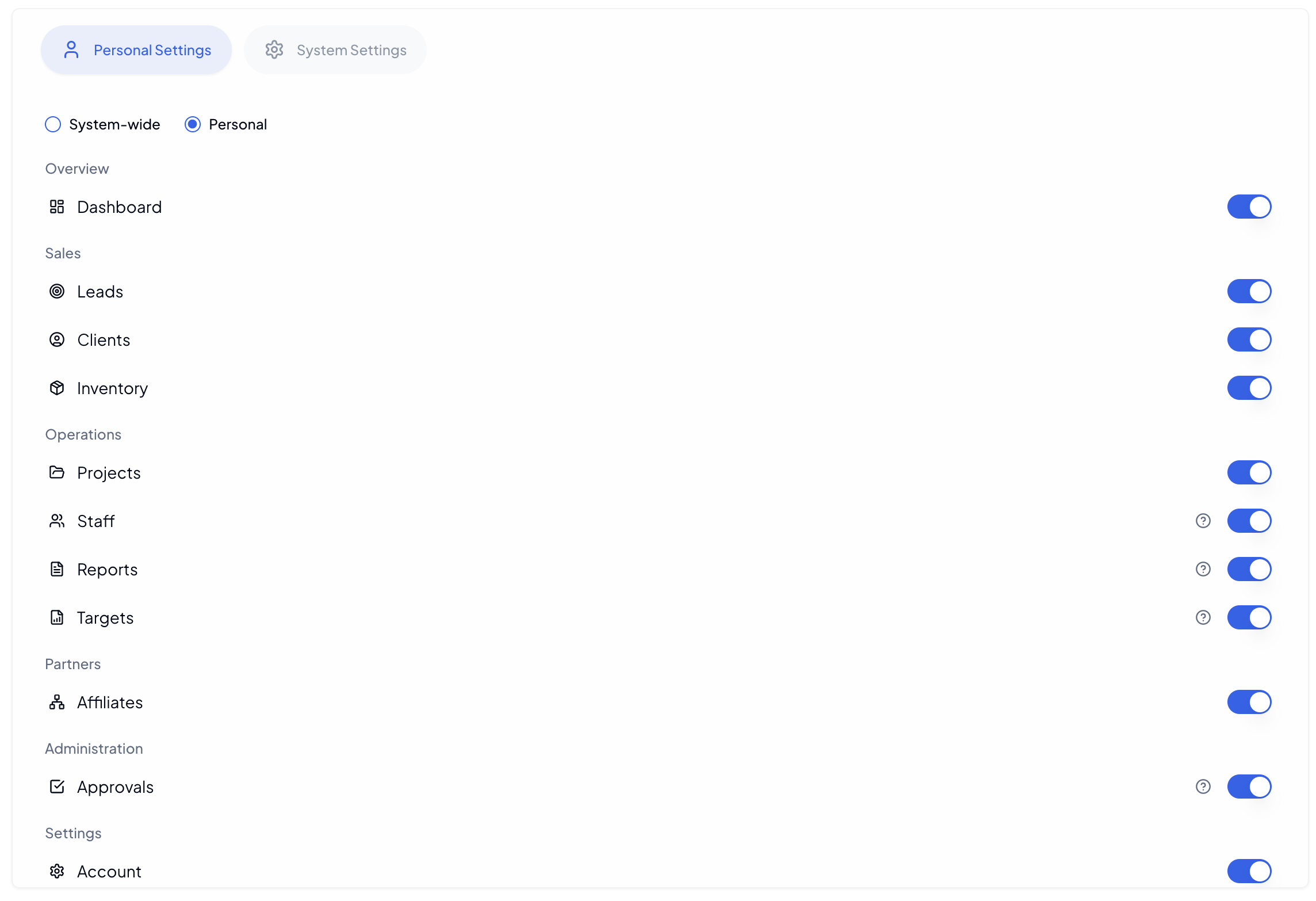 Menu Settings Administration